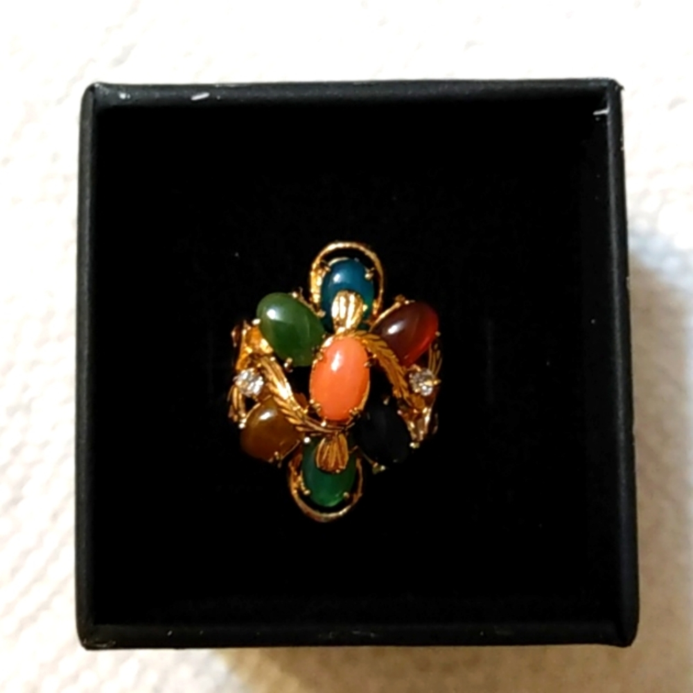 NIB Vintage Semi-Precious Gem Stone Gold Cocktail Ring